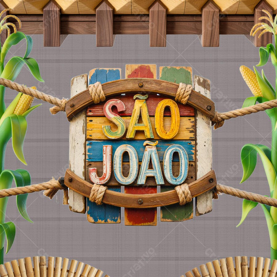 Selo 3D festa junina rústico de madeira colorida com milho e corda