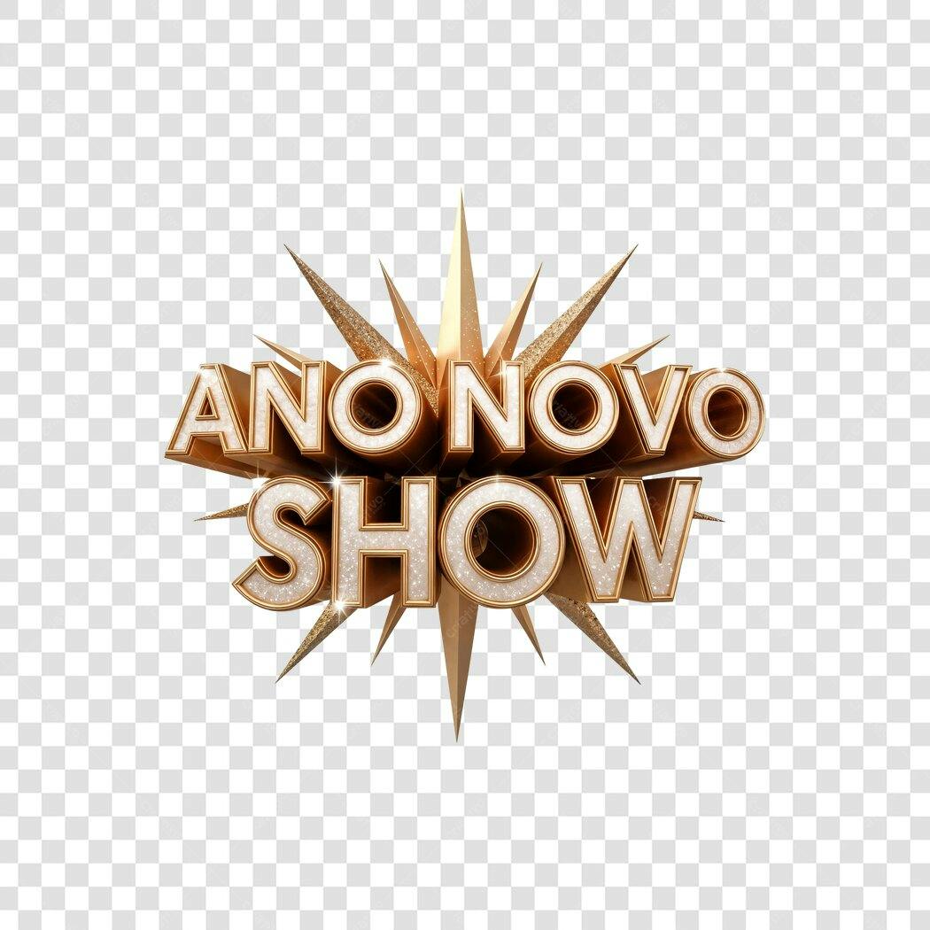 Letreiro 3D Ano Novo Show dourado e branco com glitter e estrela PNG com fundo transparente