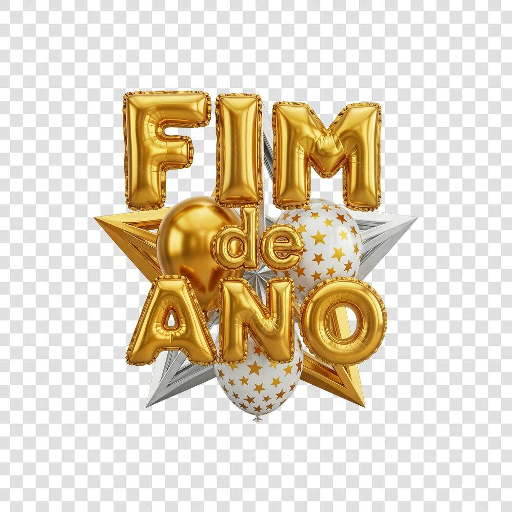 Título 3D Fim de Ano Balões Dourados e Estrelas PNG com fundo transparente