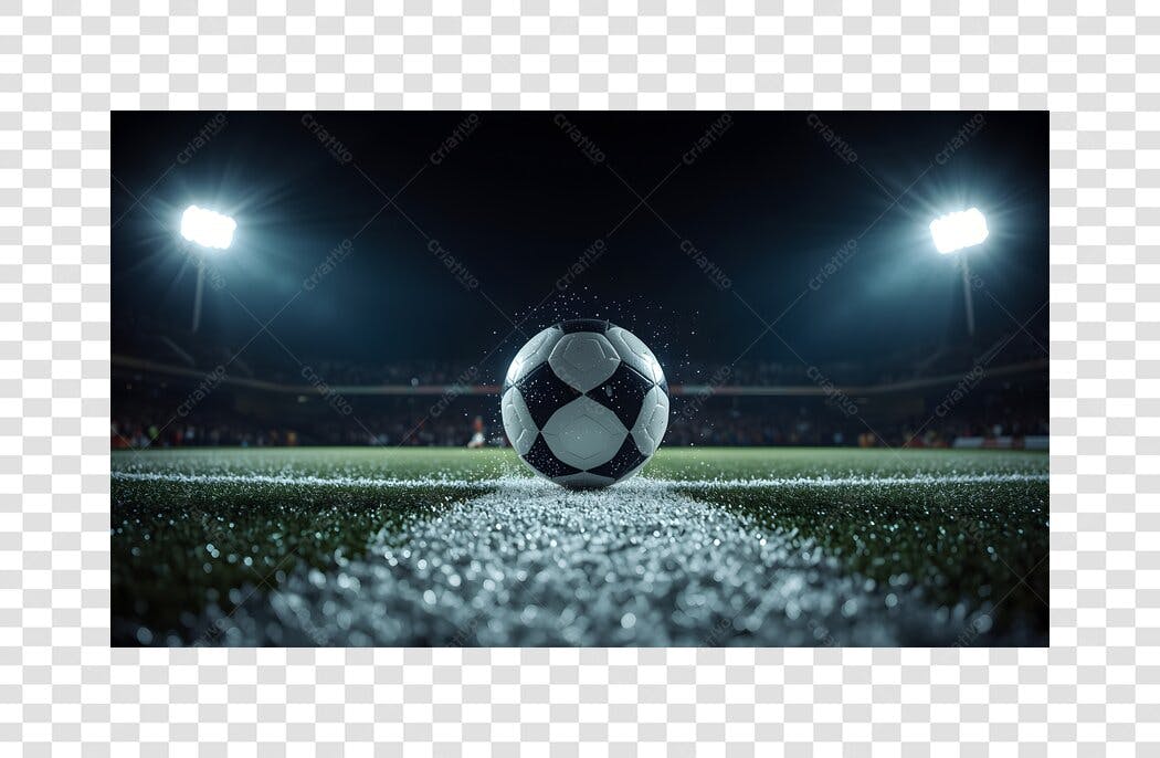 Bola de futebol em campo iluminado do estádio à noite com respingos