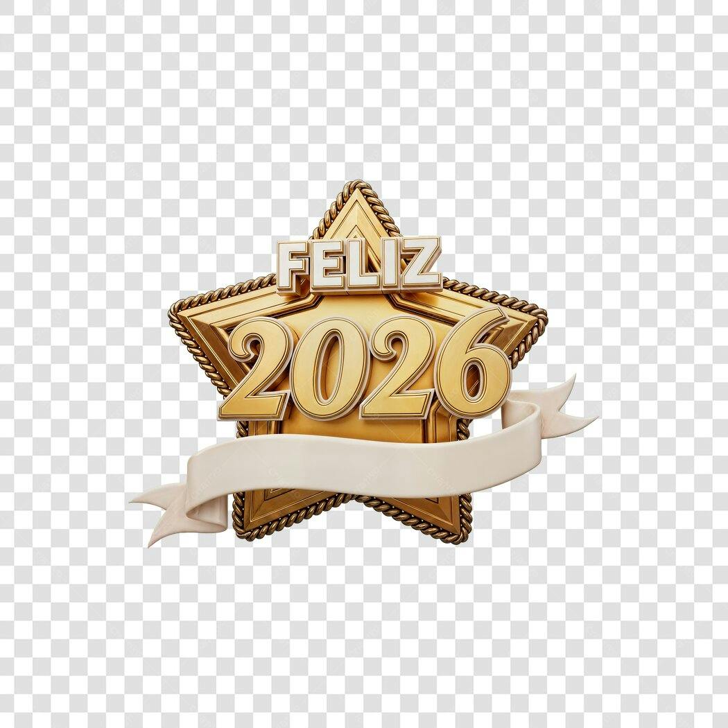 Selo Feliz Ano Novo 2026 estrela dourada e fita branca PNG com fundo transparente