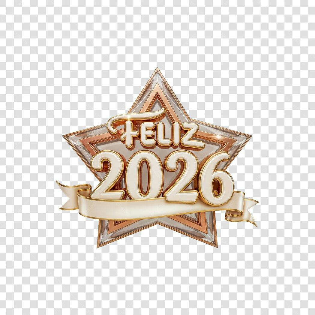 Elemento gráfico Feliz Ano Novo 2026 dourado e branco PNG com fundo transparente