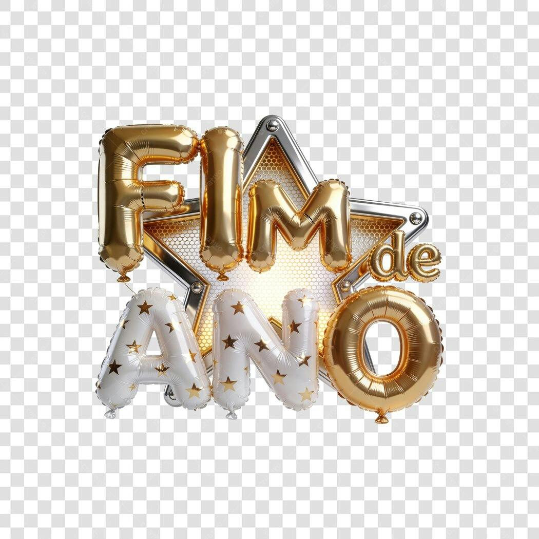 Título Fim de Ano balões dourados brancos estrela metálica PNG com fundo transparente