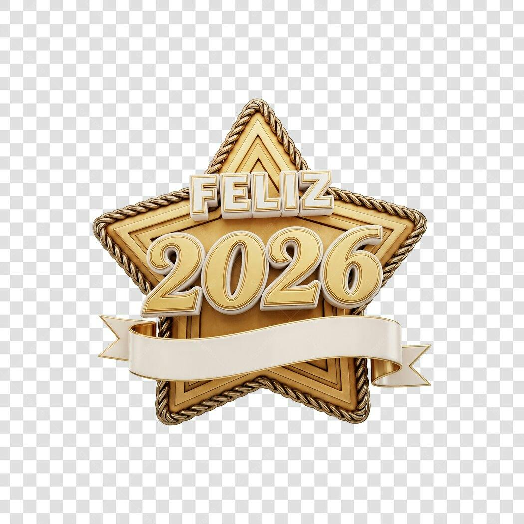 Selo 3D Feliz Ano Novo 2026 Dourado Branco Festivo PNG com fundo transparente