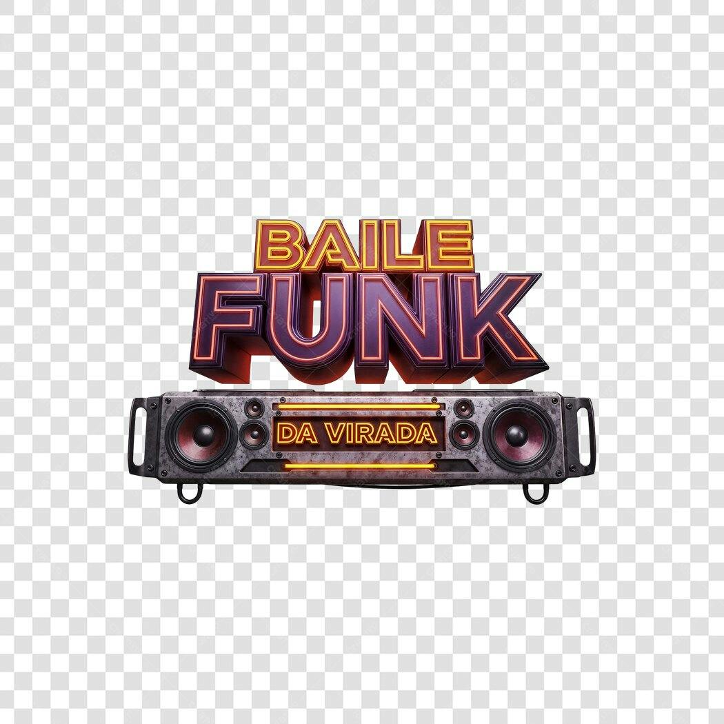 Arte de evento Baile Funk da Virada Ano Novo caixa de som 3D neon PNG com fundo transparente