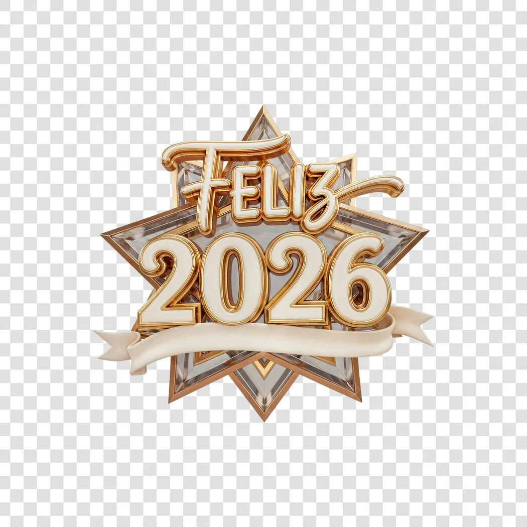 Elemento 3D Feliz Ano Novo 2026 dourado branco PNG com fundo transparente