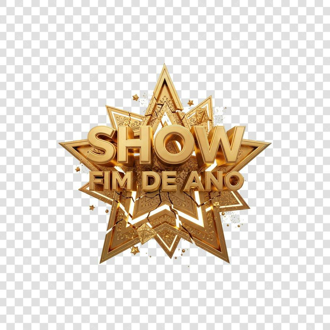 Selo Show Fim de Ano dourado com estrela quebrada PNG com fundo transparente