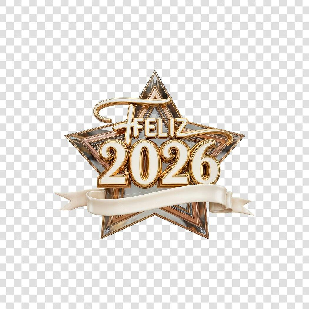 Elemento Gráfico Feliz Ano Novo 2026 dourado e branco PNG com fundo transparente