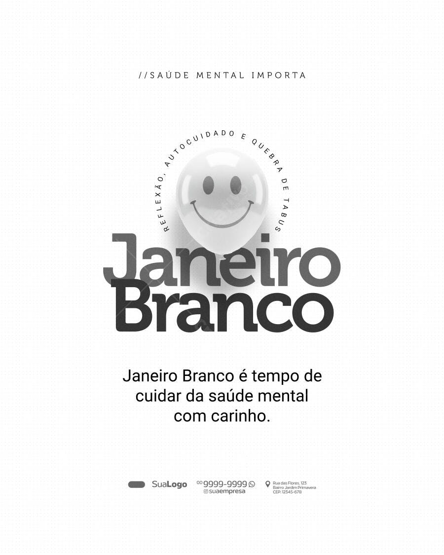 Flyer Janeiro Branco Saúde Mental Autocuidado PSD Editável