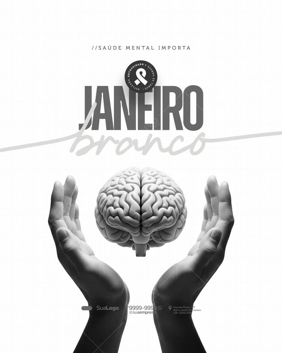 Flyer Janeiro Branco Saúde Mental Mãos Cérebro PSD Editável