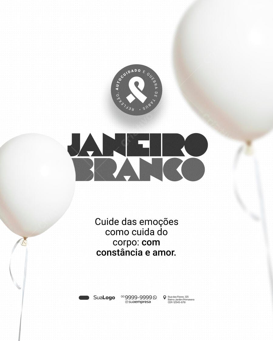 Post Social Janeiro Branco Autocuidado e Reflexão PSD Editável