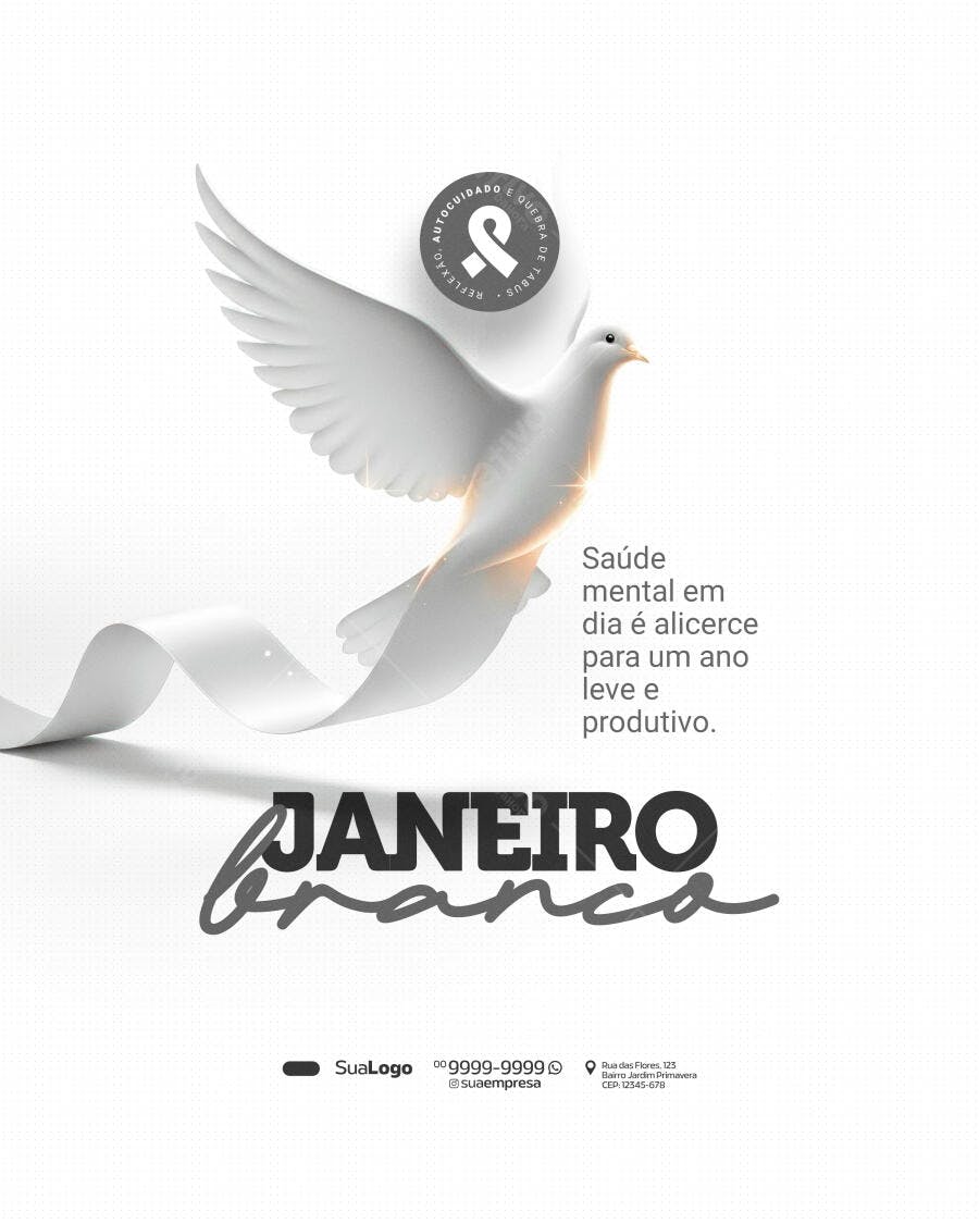 Flyer Janeiro Branco Autocuidado e Saúde Mental PSD Editável
