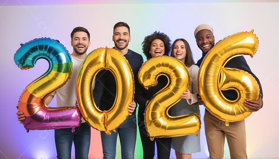 Grupo diverso de amigos felizes com balões 2026 em festa de Ano Novo