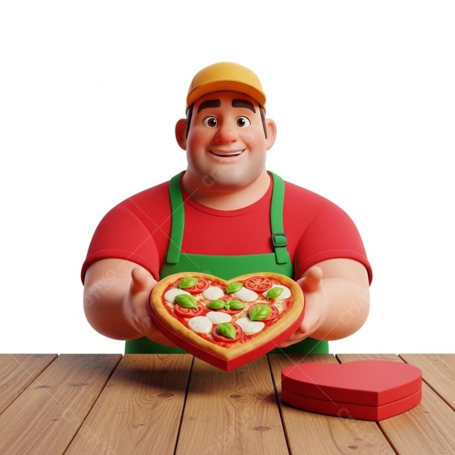 Chef homem sorrindo com boné amarelo e avental verde oferece pizza de coração