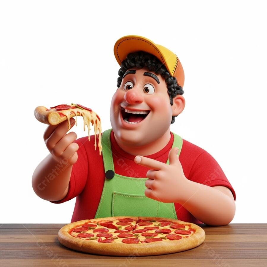 Homem de boné amarelo e avental verde feliz comendo pizza de pepperoni