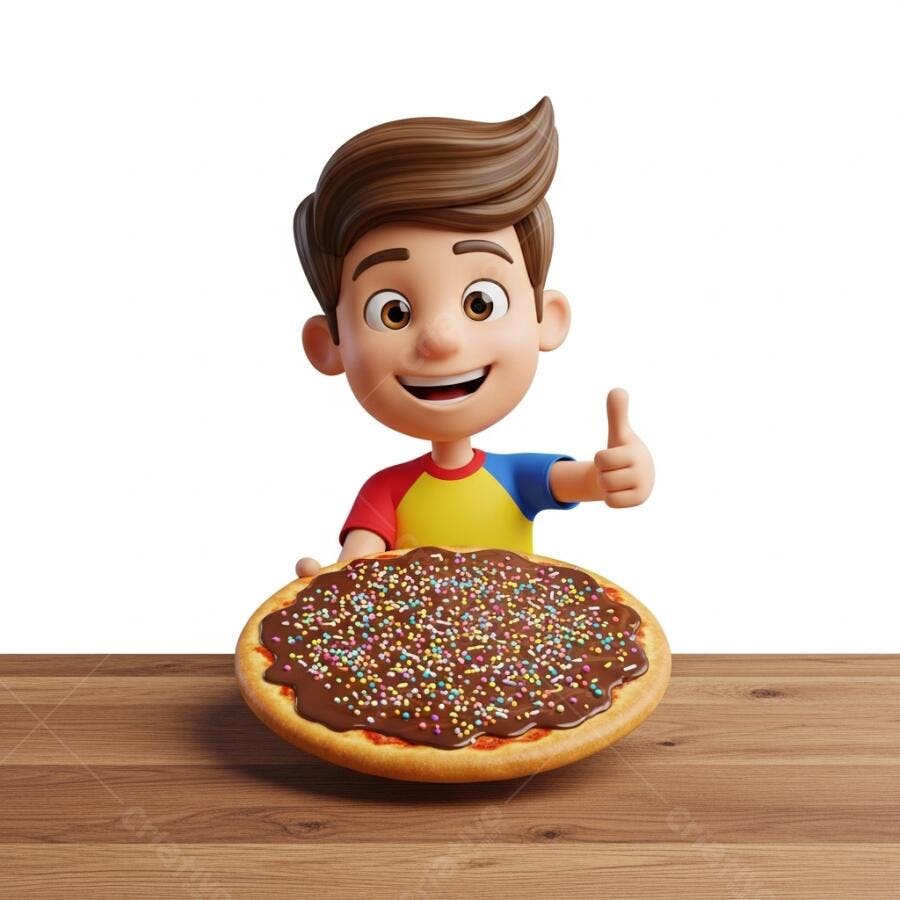 Menino 3D sorridente apresenta pizza de chocolate com granulados coloridos e joinha