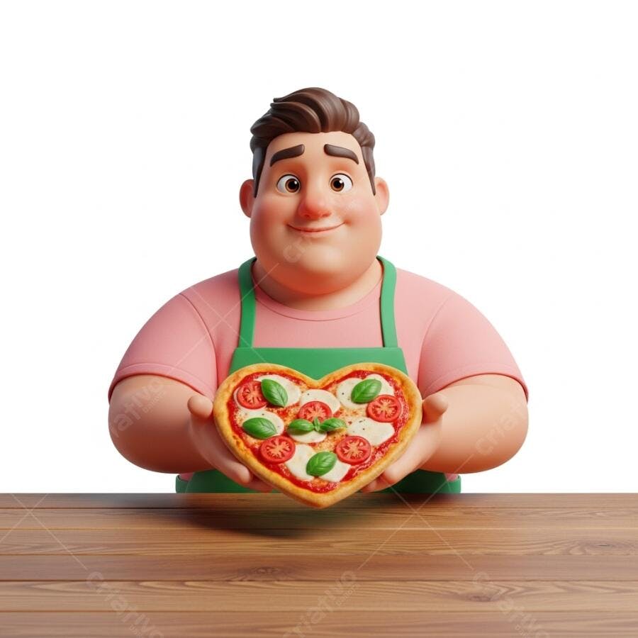 Pizzaiolo feliz com camisa rosa e avental verde oferece pizza de coração