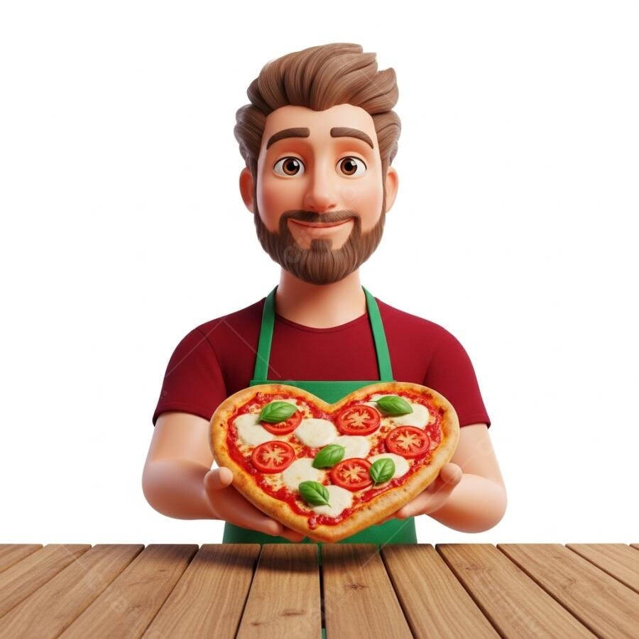 Homem chef sorridente com avental verde oferecendo pizza em formato de coração