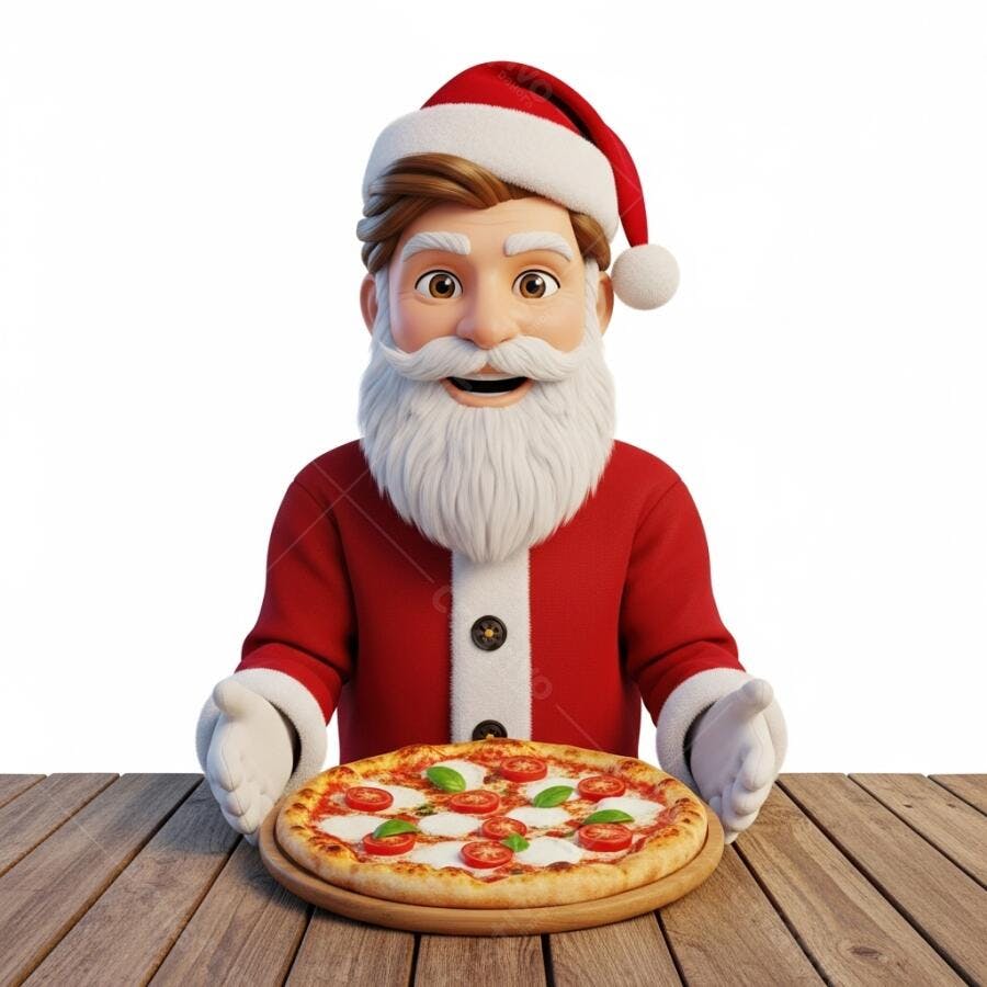 Papai Noel 3D sorridente com pizza Margherita na mesa de madeira rústica