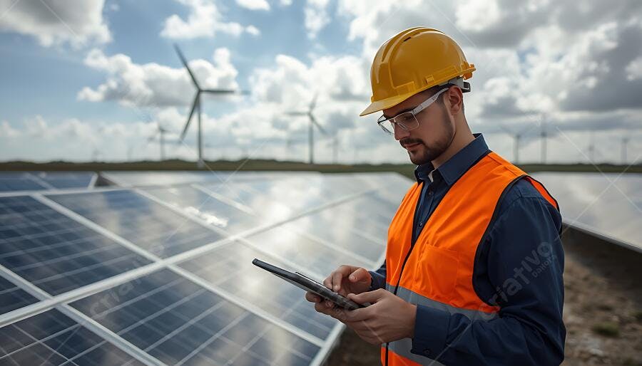 Engenheiro caucasiano verifica painéis solares com tablet em parque eólico