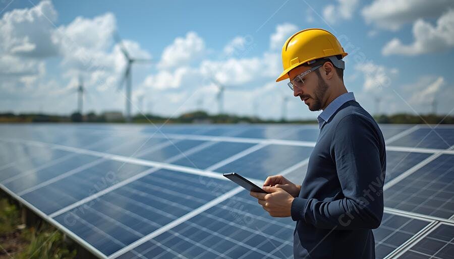 Engenheiro caucasiano com capacete amarelo usando tablet em usina solar azul