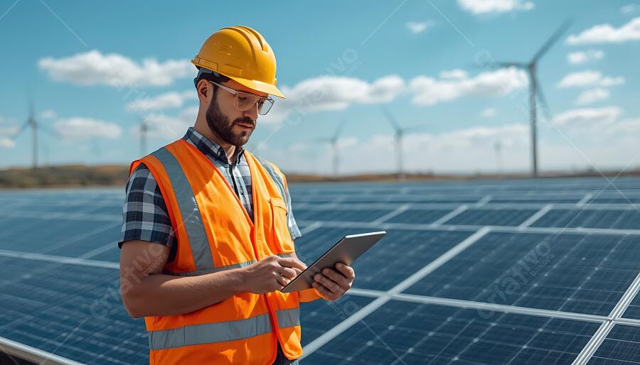 Engenheiro caucasiano com capacete amarelo e colete laranja usando tablet em campo solar