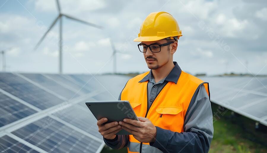 Homem engenheiro com capacete amarelo analisando painéis solares e turbinas eólicas