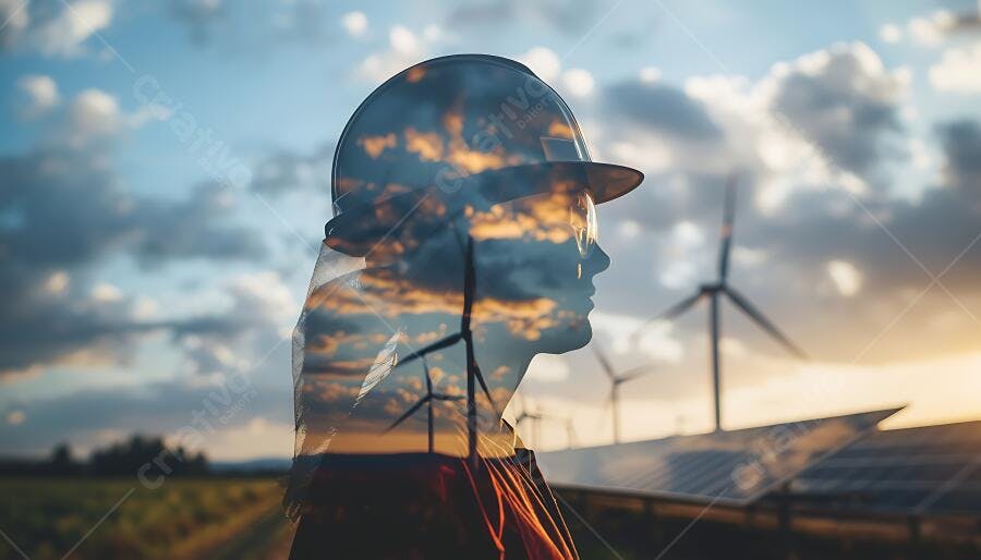 Silhueta de profissional com capacete energia eólica solar pôr do sol