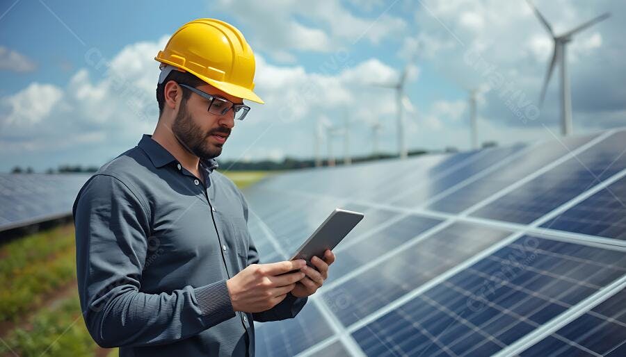 Engenheiro com capacete amarelo e tablet inspecionando fazenda solar e eólica