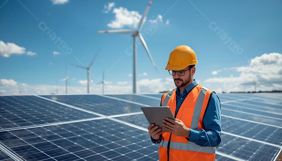 Engenheiro de energia solar com capacete laranja e tablet em parque eólico