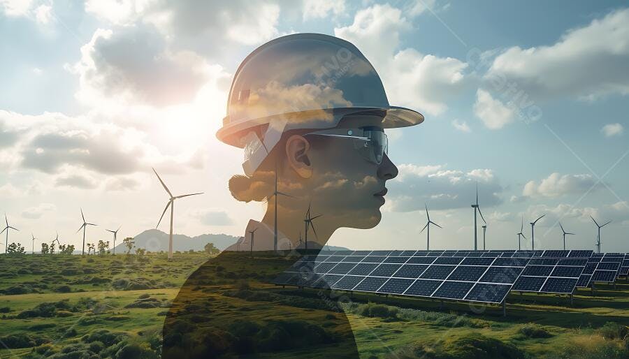 Mulher engenheira com capacete e óculos em dupla exposição com campo de energia renovável