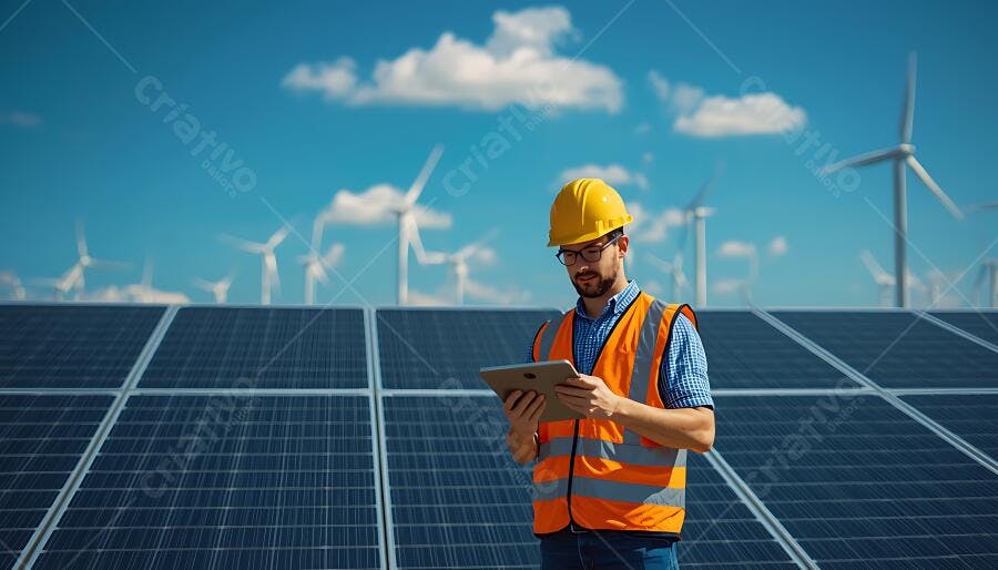 Homem engenheiro de capacete amarelo olhando tablet em campo de energia solar e eólica