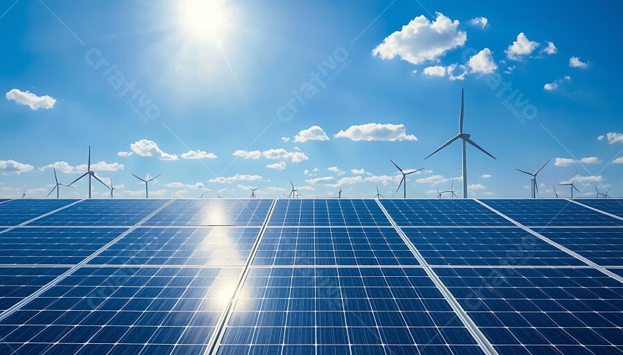 Painéis solares azuis e turbinas eólicas brancas sob céu ensolarado