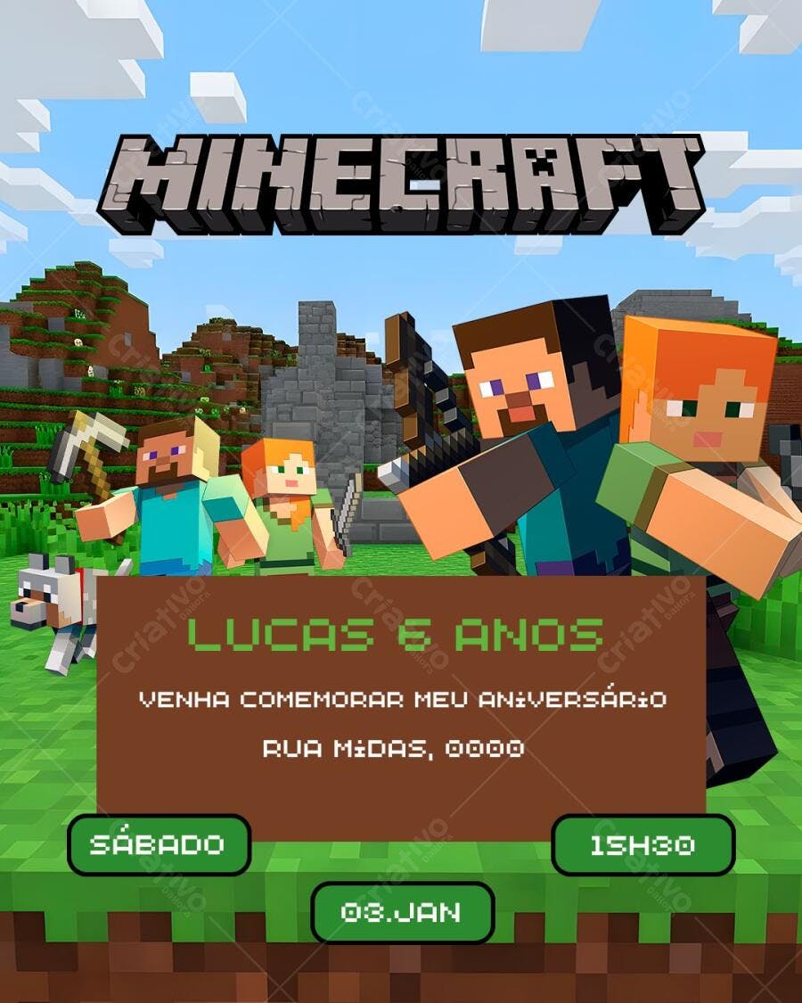 Convite Aniversário Minecraft 6 Anos Editável
