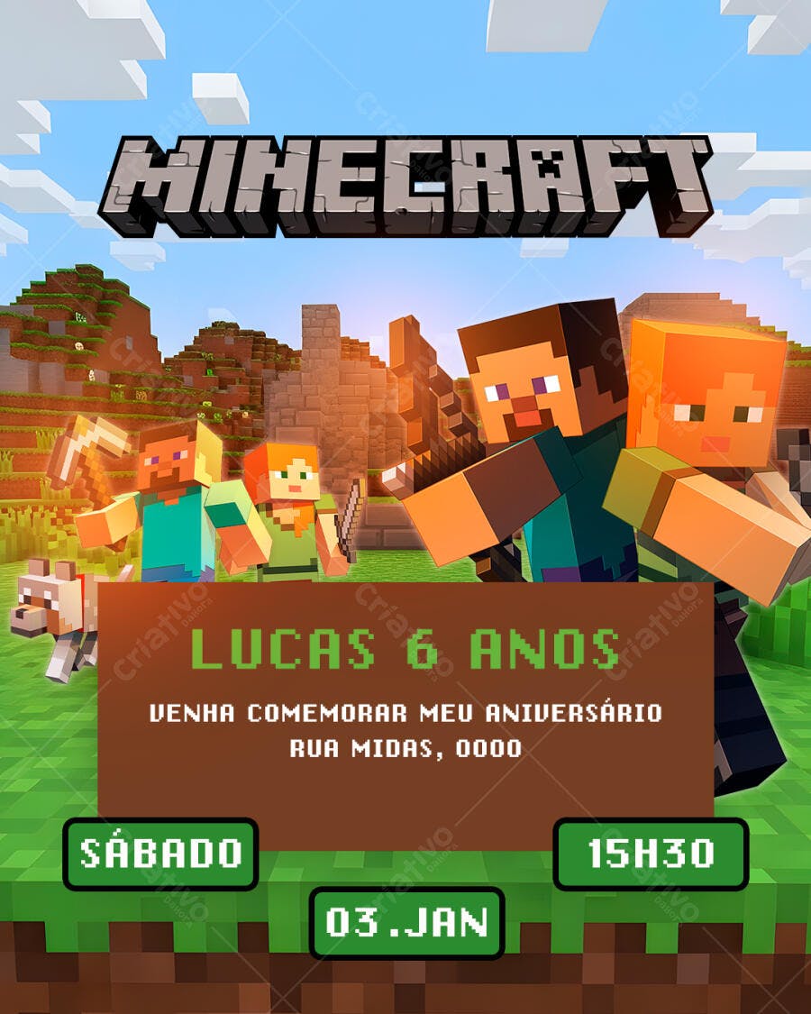 Convite Aniversário Festa Minecraft Lucas 6 Anos PSD Editável