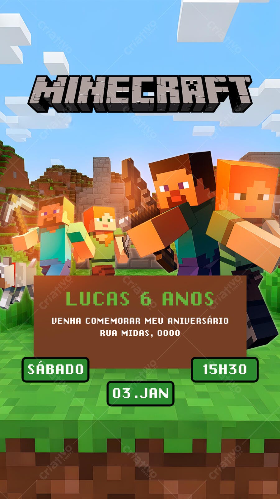 Convite Aniversário Minecraft Lucas 6 Anos PSD Editável