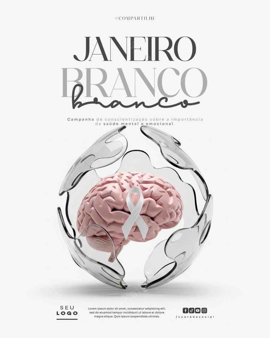 Flyer Campanha Janeiro Branco Saúde Mental PSD Editável