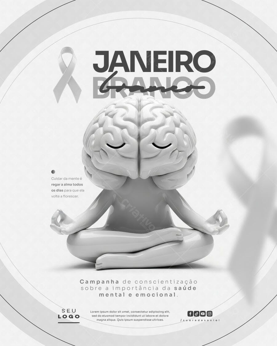 Post Redes Sociais para Janeiro Branco Saúde Mental PSD Editável