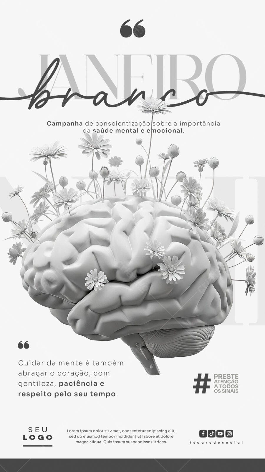 Flyer Campanha Janeiro Branco Saúde Mental PSD Editável