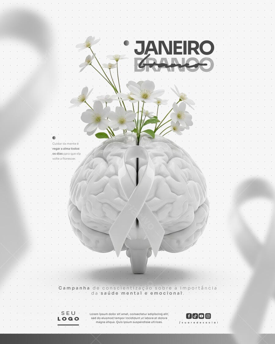 Flyer Campanha Janeiro Branco Saúde Mental Cérebro Flores PSD Editável