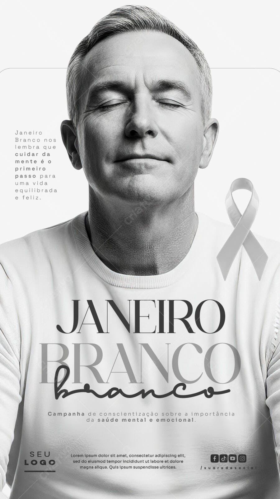 Flyer Janeiro Branco Saúde Mental Homem Sereno PSD Editável