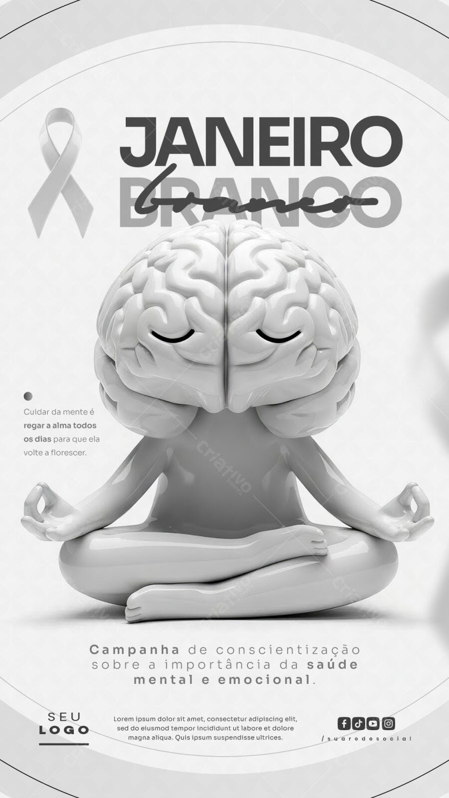Flyer Janeiro Branco Cérebro Meditando Saúde Mental PSD Editável