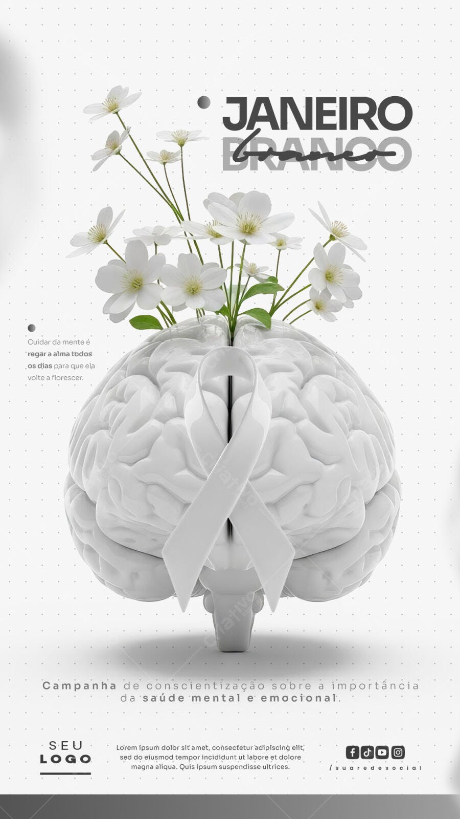 Flyer Janeiro Branco Cérebro Flores Laço Branco Saúde Mental PSD Editável