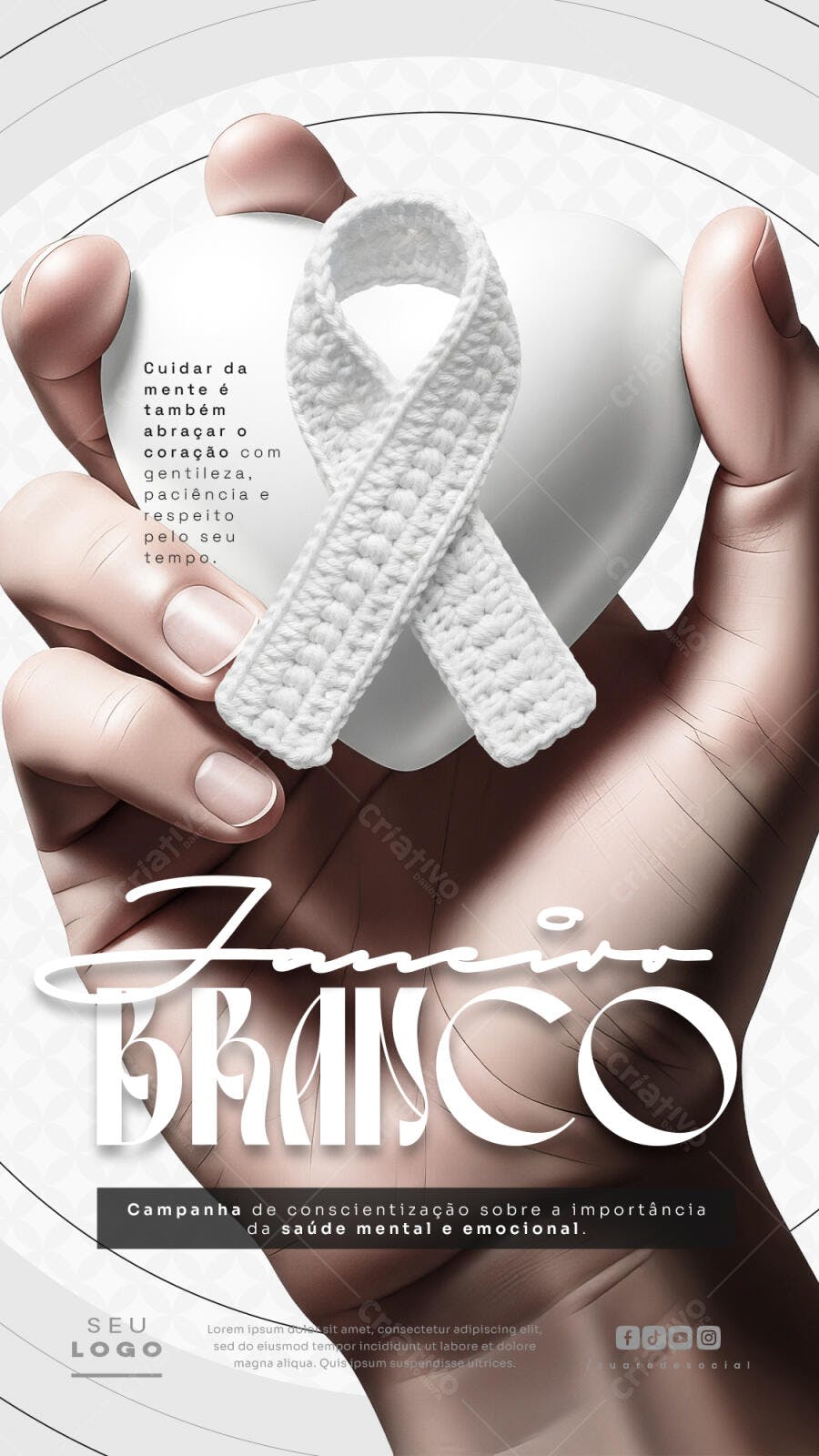 Flyer Janeiro Branco Mãos Coração Laço Saúde Mental PSD Editável
