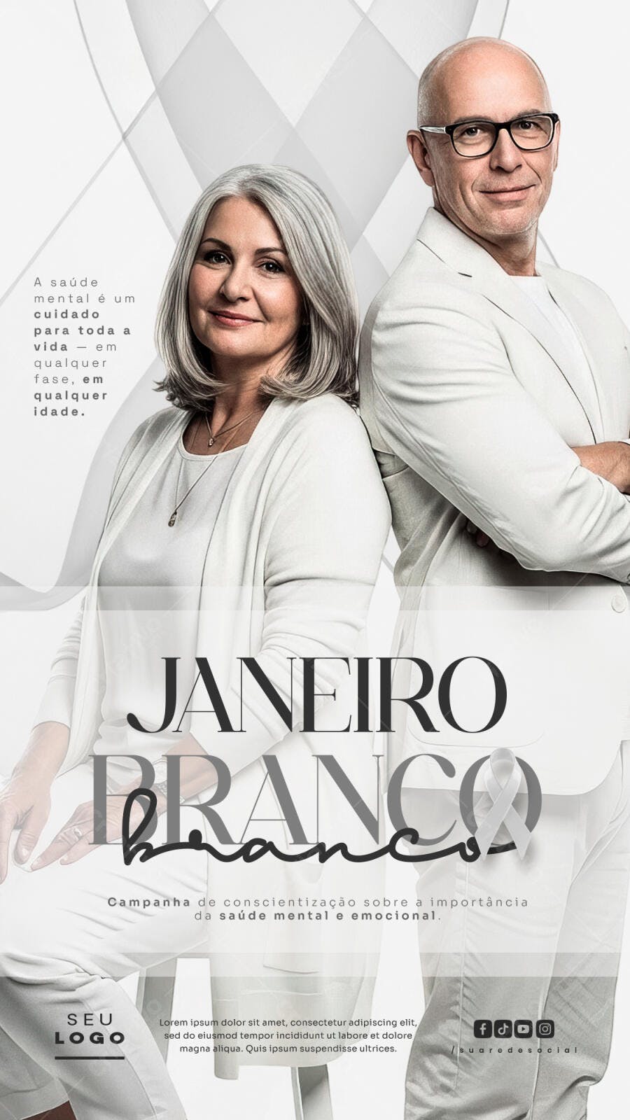 Post Redes Sociais Janeiro Branco Casal Sênior Saúde Mental PSD Editável