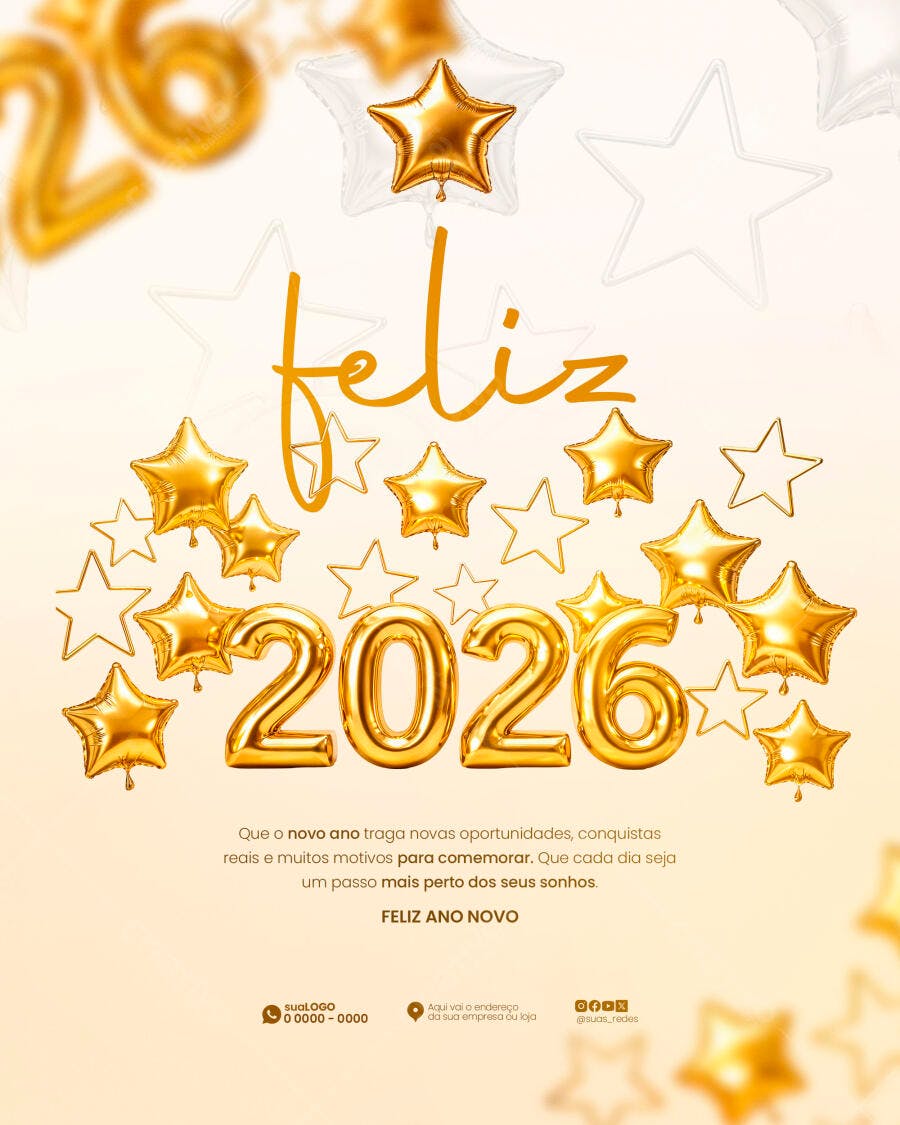Post de Ano Novo 2026 Balões Dourados PSD Editável