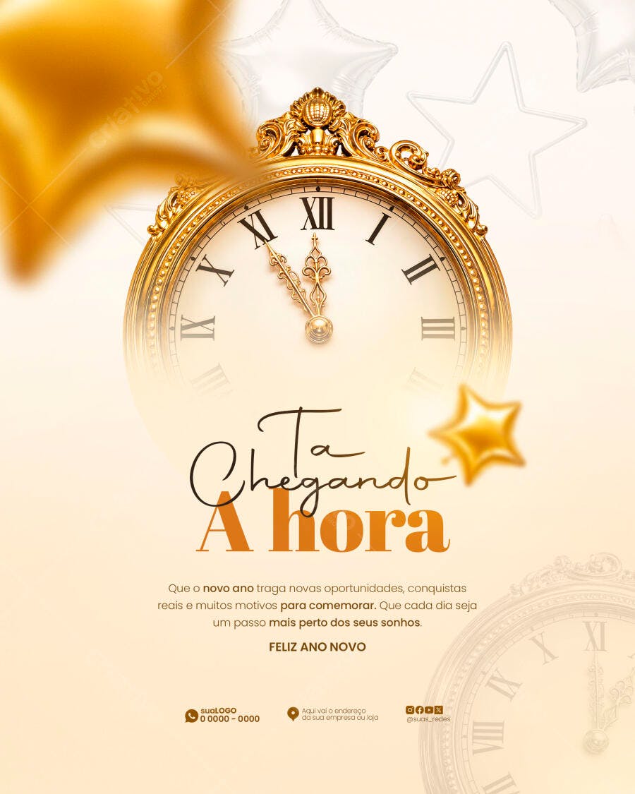 Flyer Ta Chegando a Hora Ano Novo Dourado PSD Editável