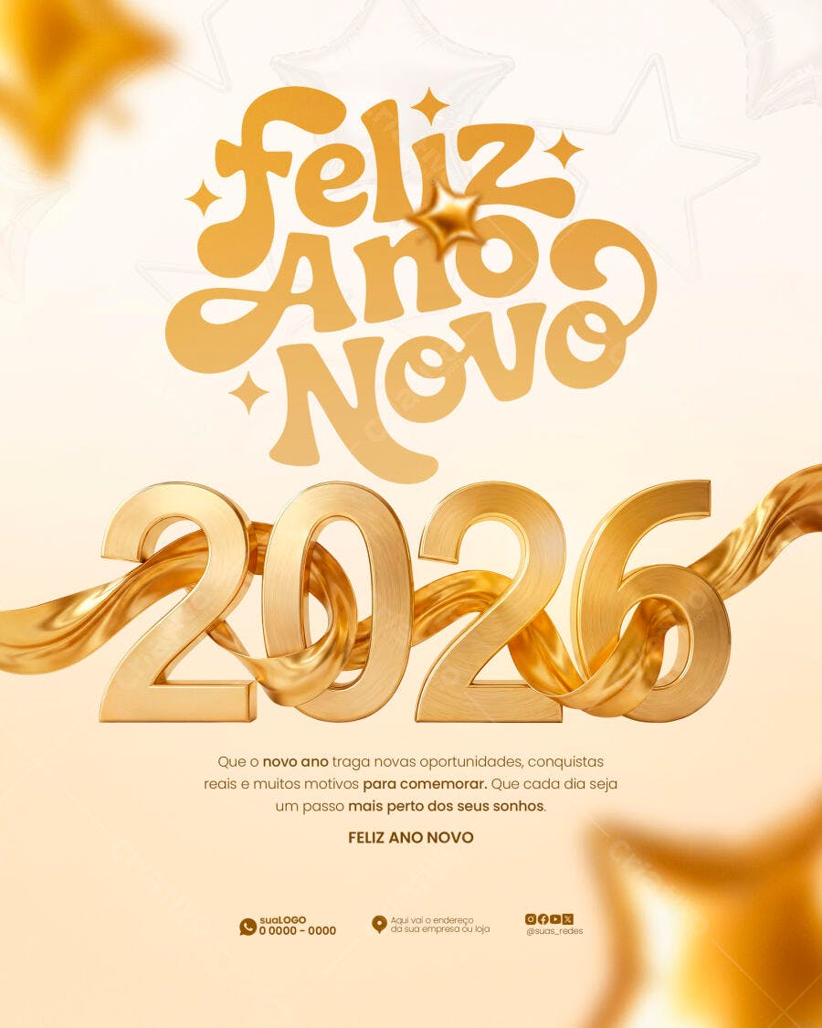 Post para Redes Sociais Feliz Ano Novo 2026 Dourado PSD Editável