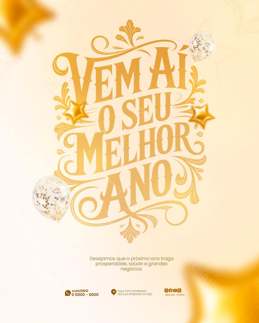 Flyer Post para Ano Novo VEM AÍ O SEU MELHOR ANO PSD Editável