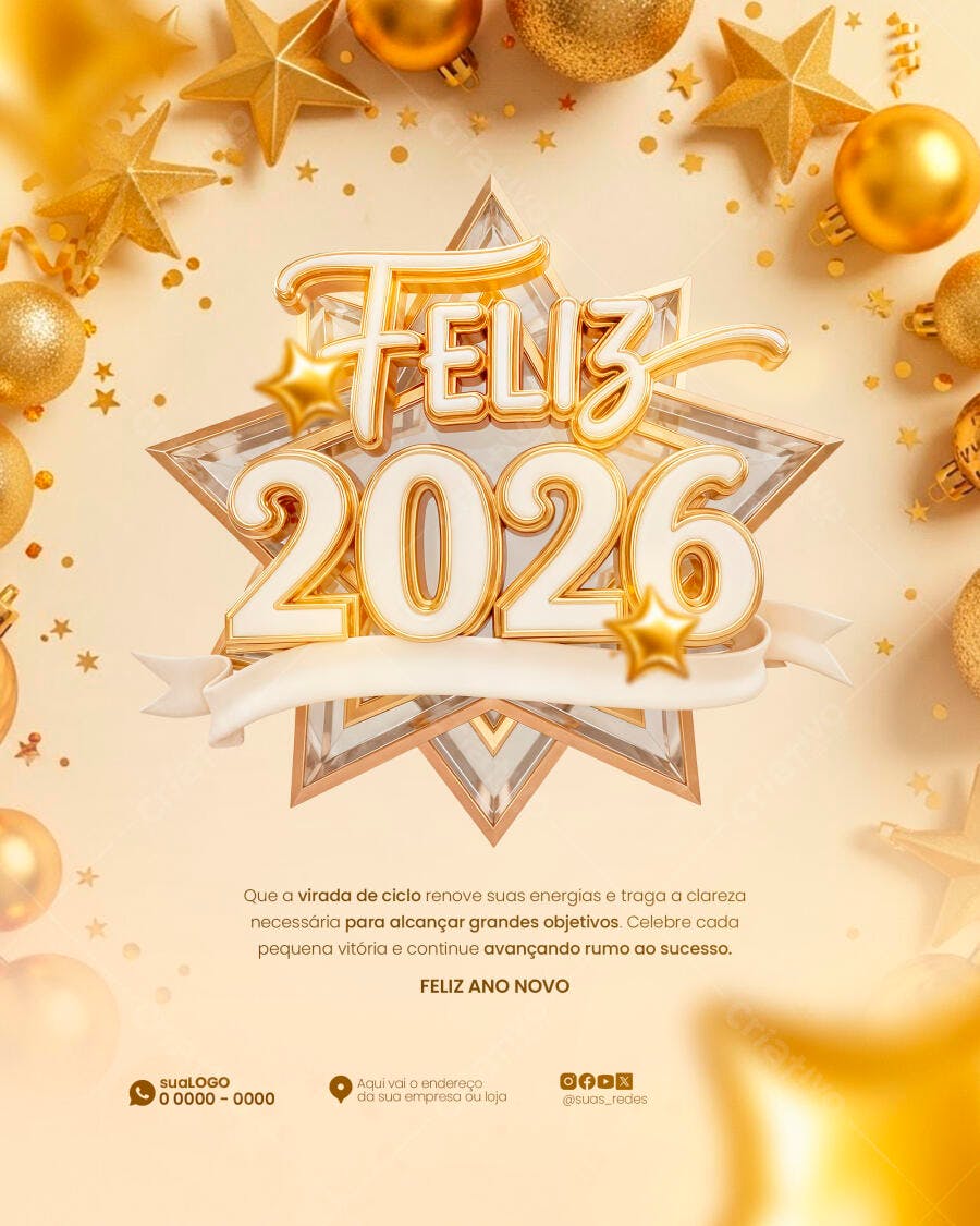 Post para Ano Novo Feliz 2026 PSD Editável